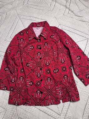 Vtg Staples Red and Black Paisley Bandana Print Button-Up Long Sleeve Shirt Size